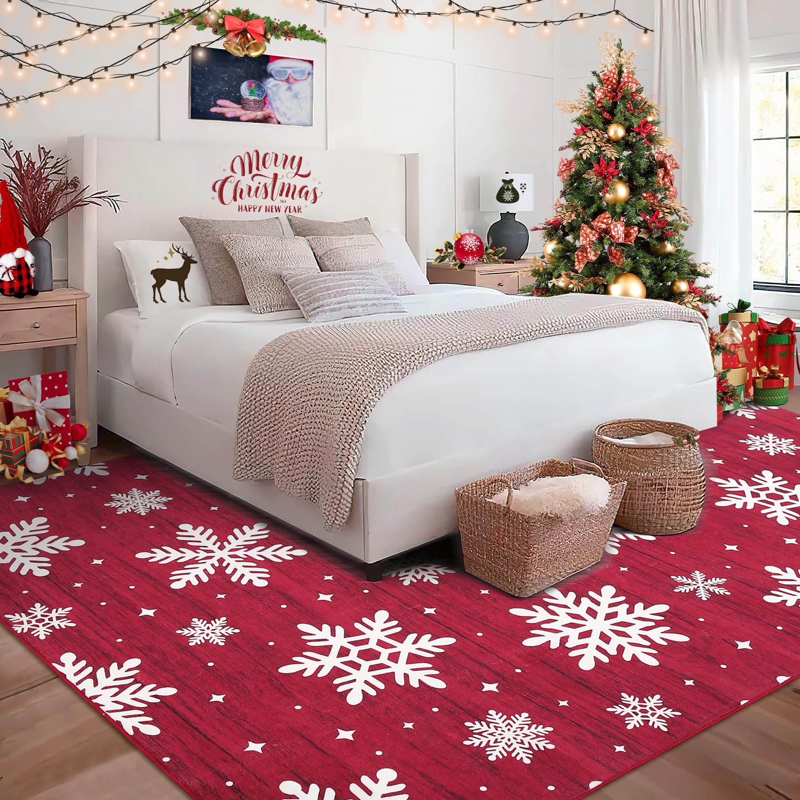 Garvee Tappeto Lavabile Natalizio per Soggiorno, Antiscivolo con Motivo Fiocco di Neve, Decorativo Pieghevole per Cucina e Camera da Letto