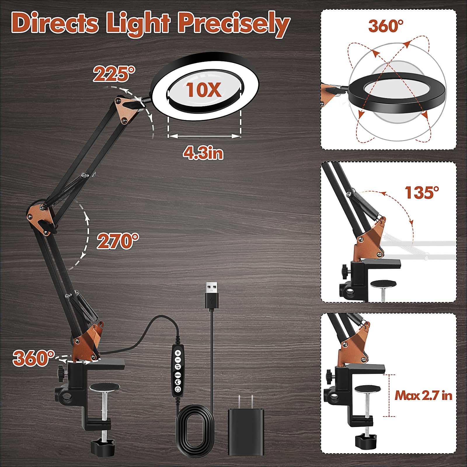 10X Magnifying Glass with Light and Clamp, 4.3'' Real Glass Lens LED Lighted Magnifier, 5 Color Modes Stepless Dimmable Adjustable Swing Arm Desk Lamp Hands Free for Crafts Reading Sewing Close Work - Image 6