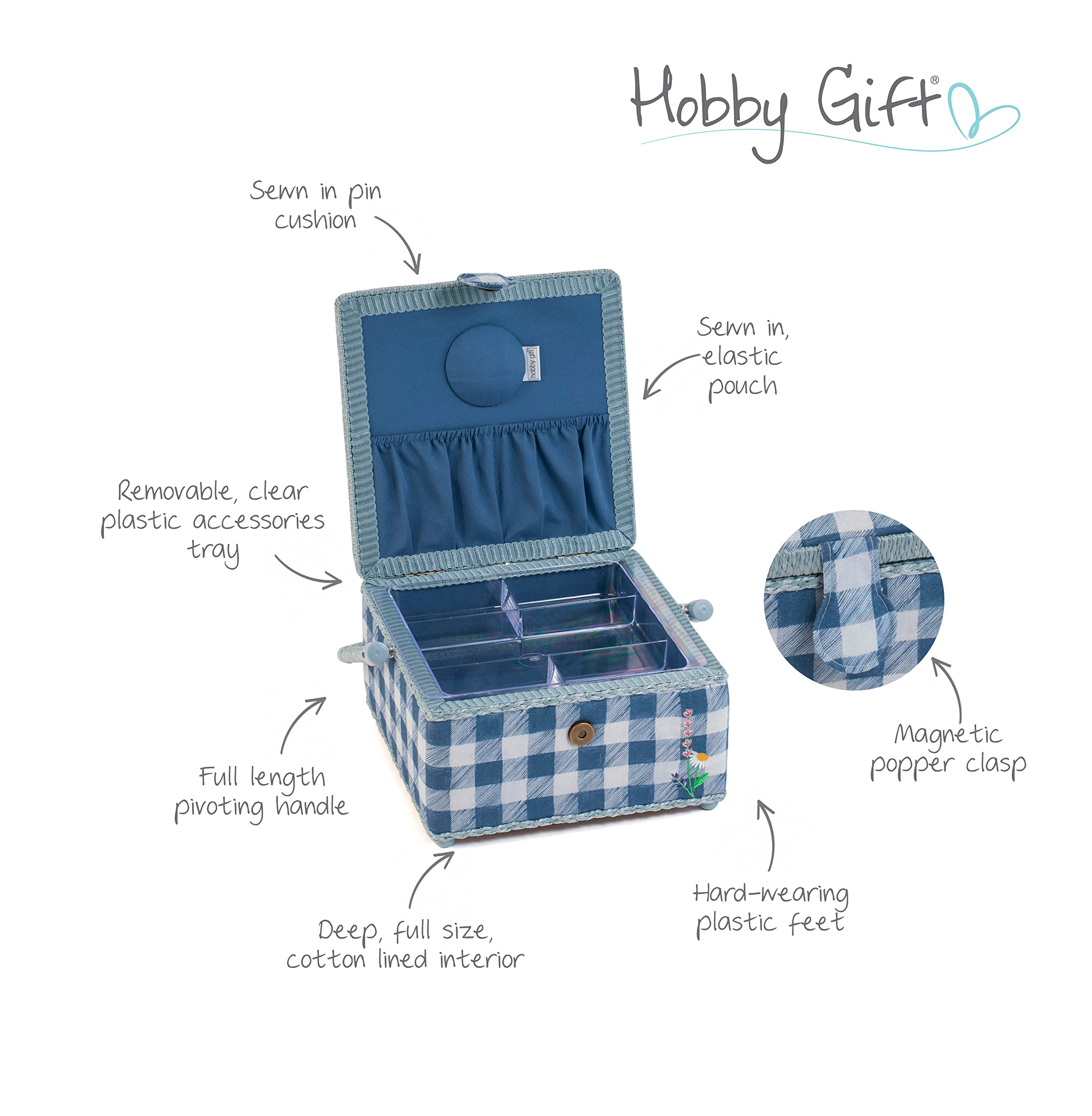 Hobby Gift Caja de coser, tamaño mediano, cuadrado, tapa bordada, cuadros florales salvajes