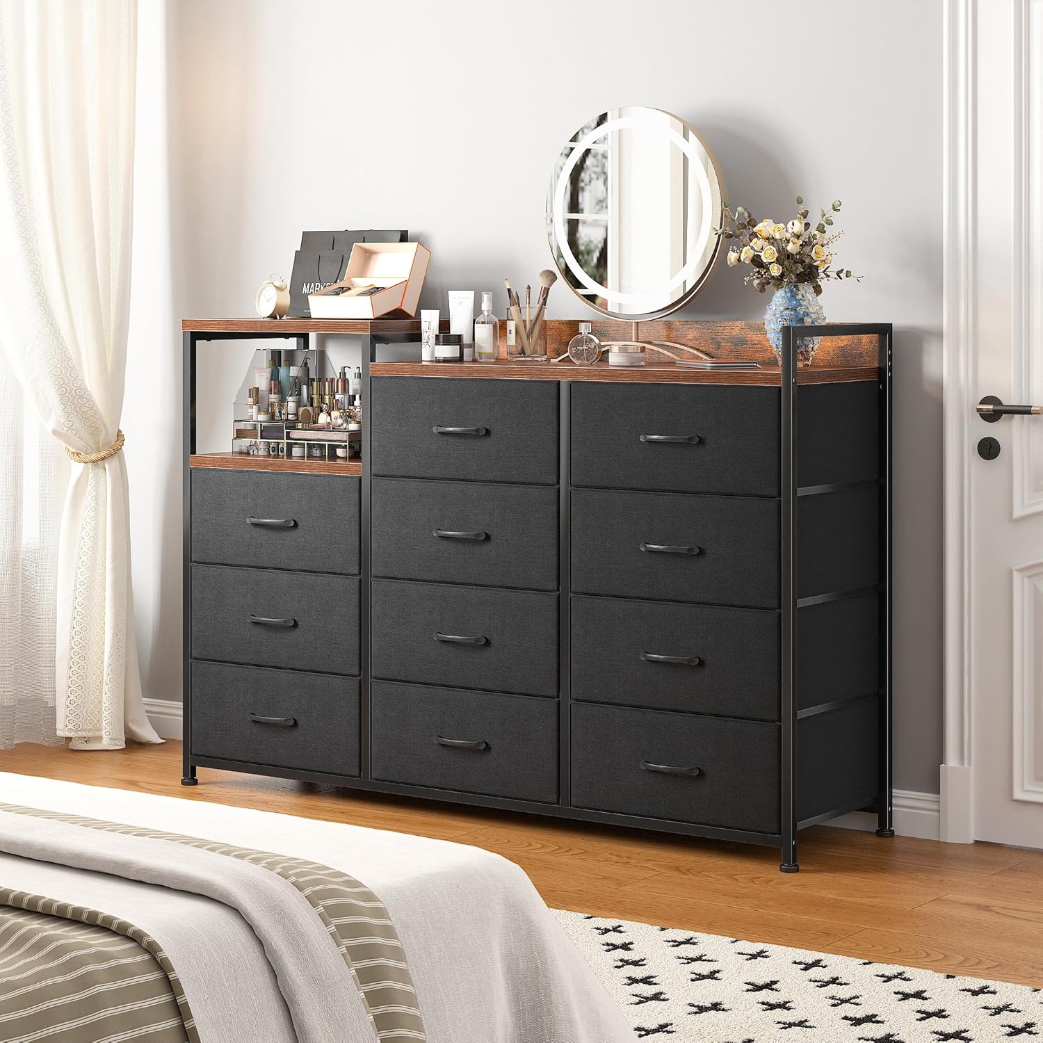EnHomee Dresser for Bedroom with 11 Drawers, Dresser TV Stand with Shelves, Long Dressers & Chests of Drawers, Wide Dressers for Bedroom Dresser with Sturdy Metal Frame & Wood Top, Black - Image 8