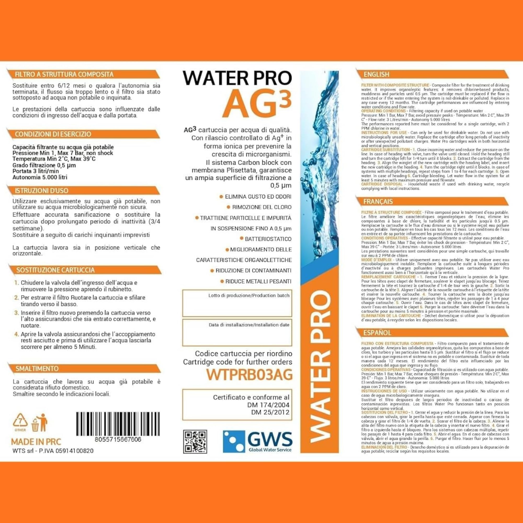 Filtro Acqua Microfiltrazione 0.5 µm Water Pro AG03 – Carbon Block con Membrana Plissettata – 5000 L – 3 L/min – Azione Batteriostatica – Riduce Cloro, Odori e Impurità
