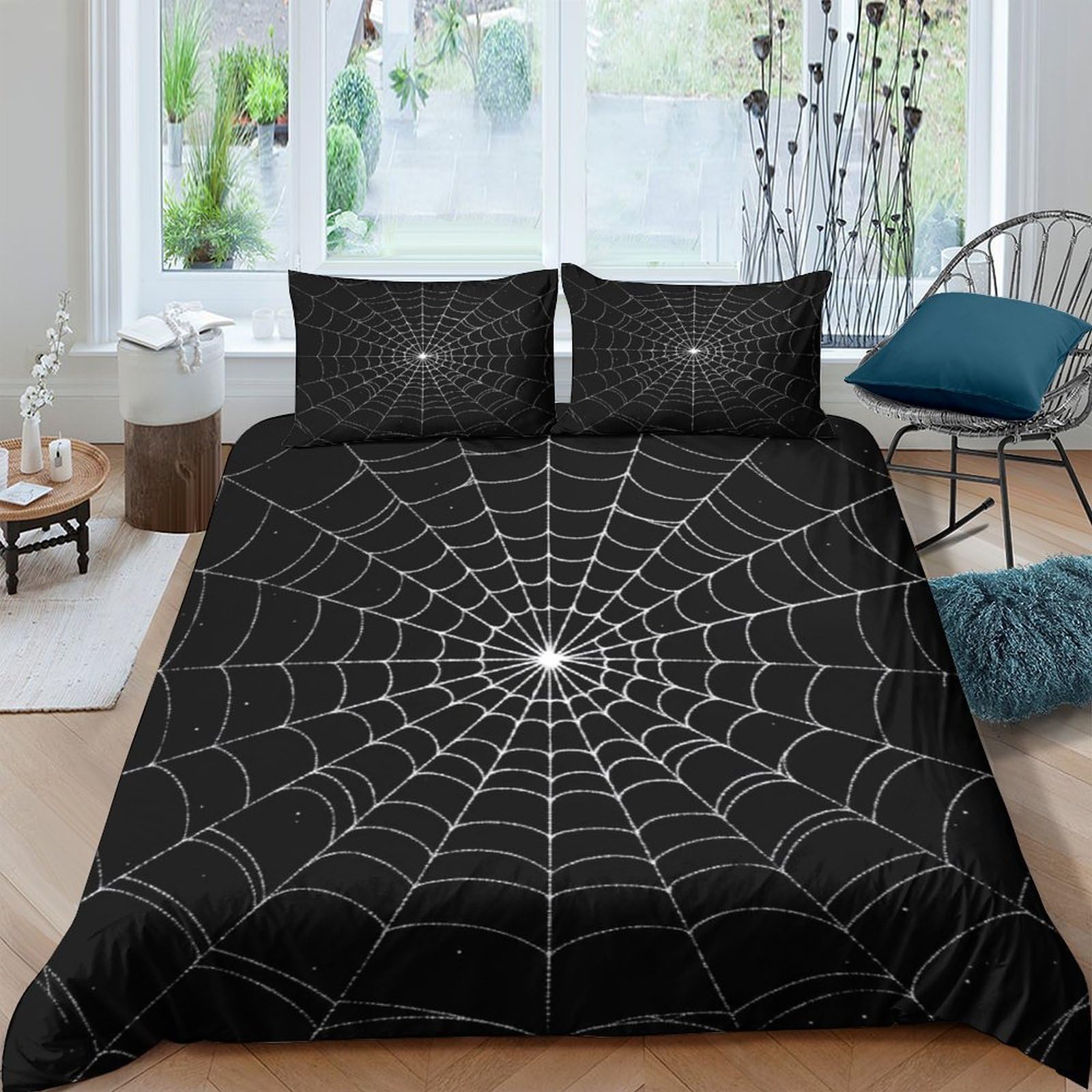 GPLZQXKJNH 3D Printed Spider Web Duvet Cover Microfiber Black Bedroom Soft Breathable Gothic Web Bedding Set with 2 Pillowcases Single（135x200cm）