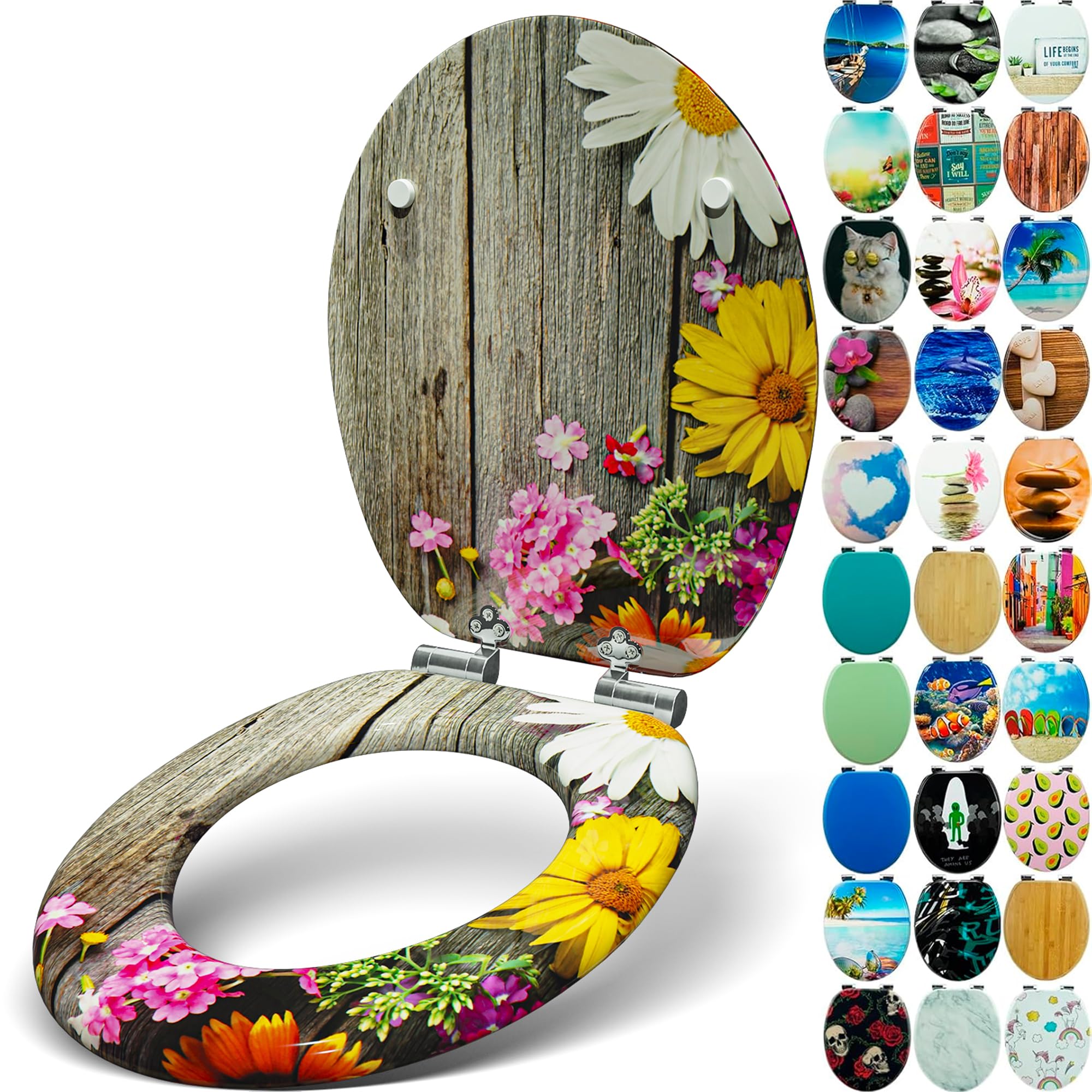 Sanfino® Premium Toilet Seat with Soft Close - Wooden Toilet Lid, Lots of Colourful and Decorative Designs, high Seating Comfort, Easy to Install Including Instructions - "Alp Meadow" — image 1