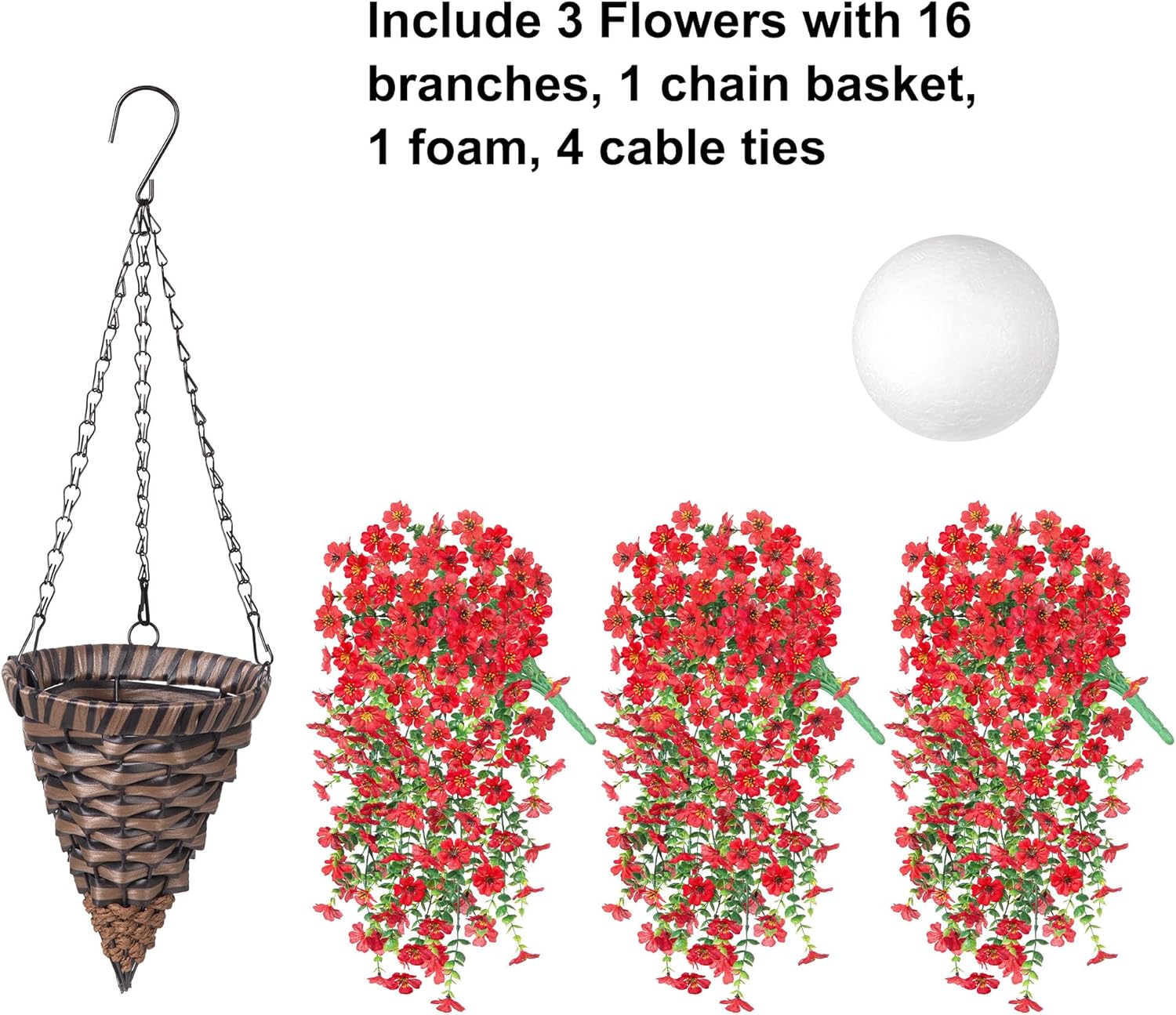 HyeFlora Artificial Hanging Flowers Basket for Outdoor, Fake Flowers Faux Plants Look Real for Yard Gardens Porch Patio Home (Red)