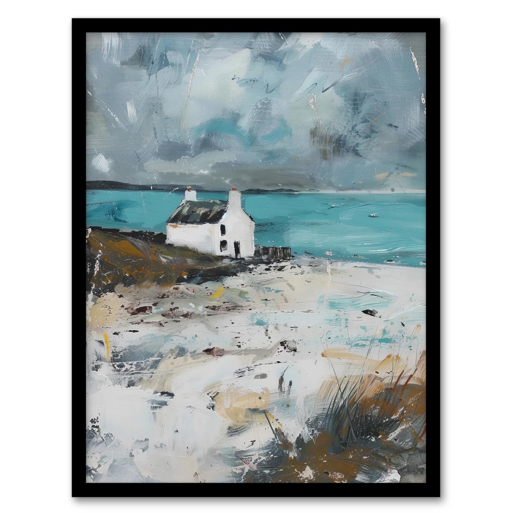Artery8 Scottish Cottage Loch Oil Painting Framed Art Print - Grey - A4