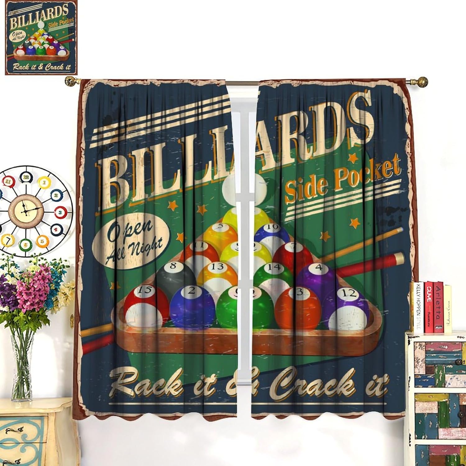 Colourful Billiard Curtains Snooker Boys Girls Teen Balls Sport Theme Game Printed Rod Pocket Blackout Window Drapes for Living Room Bedroom Kitchen Cafe Decor W21xL54in 2 Panels