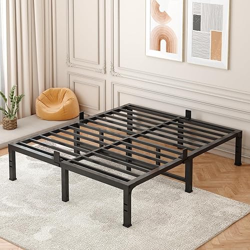 FUIOBYVV Marco de cama King con plataforma de metal resistente de 14 pulgadas, soporte de cama tamaño King de hasta 3500 libras, no necesita somier,