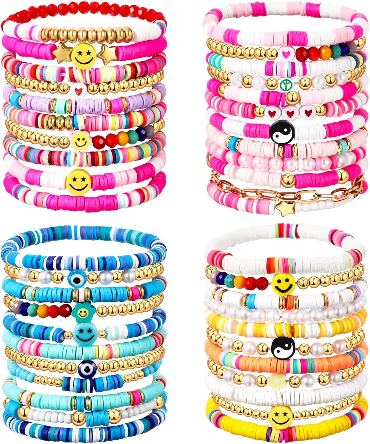 Ecally 44 Pcs Friendship Bracelet Heishi Surfer Clay Bead Set Preppy Bracelet Stackable Beach Boho Y2k Cute Jewelry for Women