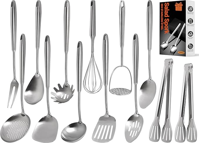 304 Stainless Steel Kitchen Utensils Set - 15PCS Long Metal Cooking Utensil Serving Utensils Set, Potato Masher, Whisk, Turner, Serving Spoon, Fork, Tongs, Skimmer, Ladle, etc (Dishwasher Safe)