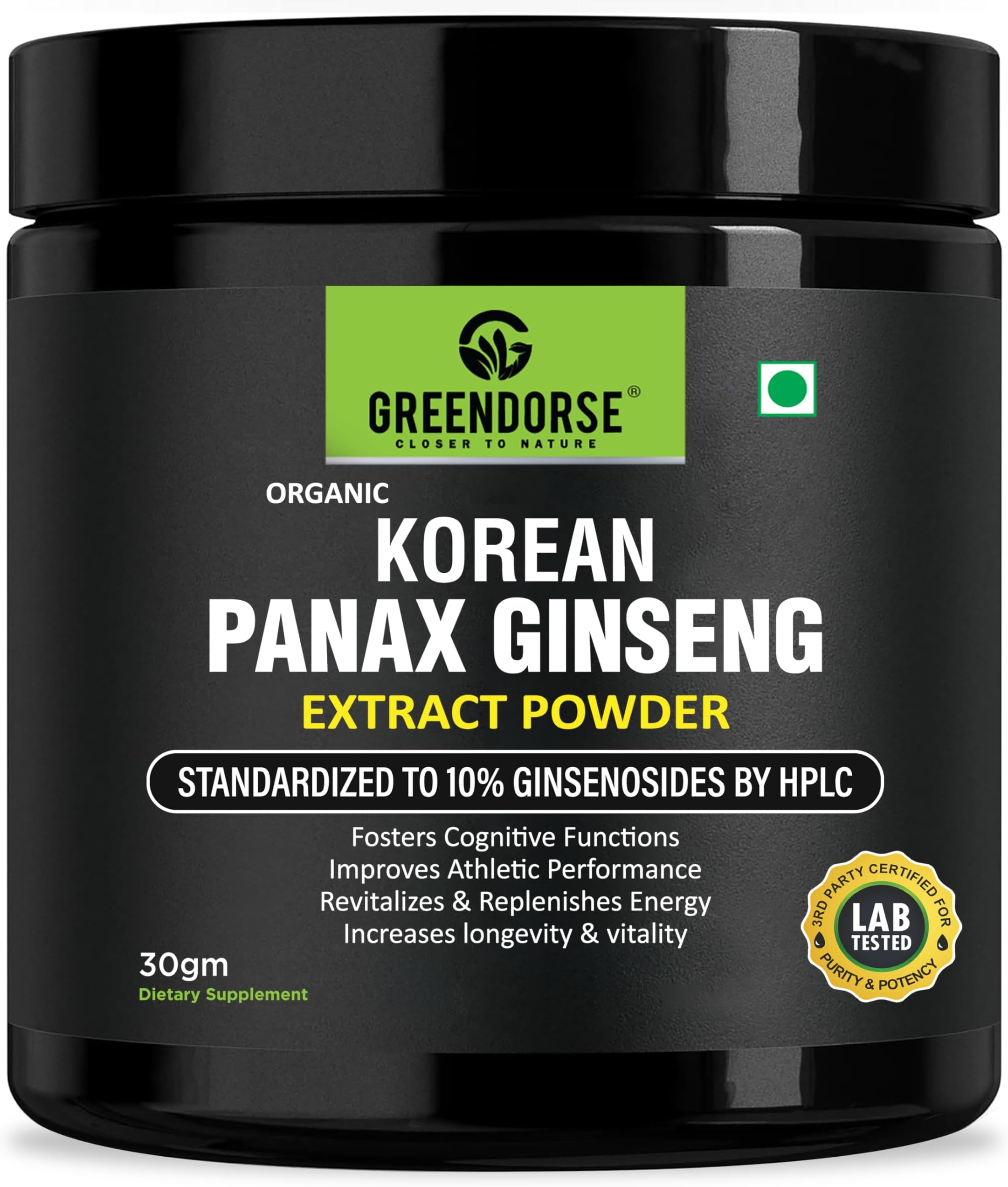 GREENDORSE Organic Korean Panax Ginseng Extract Powder |10% active Ginsenosides by HPLC | Lab tested| Immune & Cognitive support, Boosts Energy, Stamina, Vegan Friendly-30g