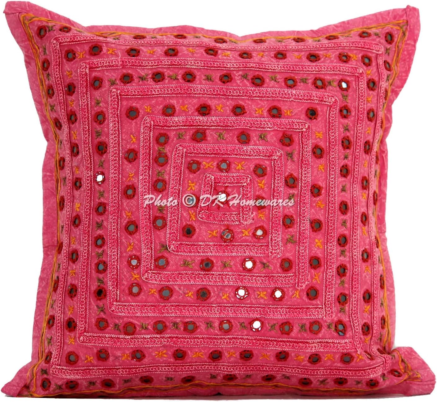 Boho Decorative Accent Throw Pillow Covers 16 Inch Cotton Mirrored Embroidered Ethnic Square Sofa Cushion Covers (Size - 40x40 cm ; Color: Pink) - Set of 4 Pcs (Cover Only)