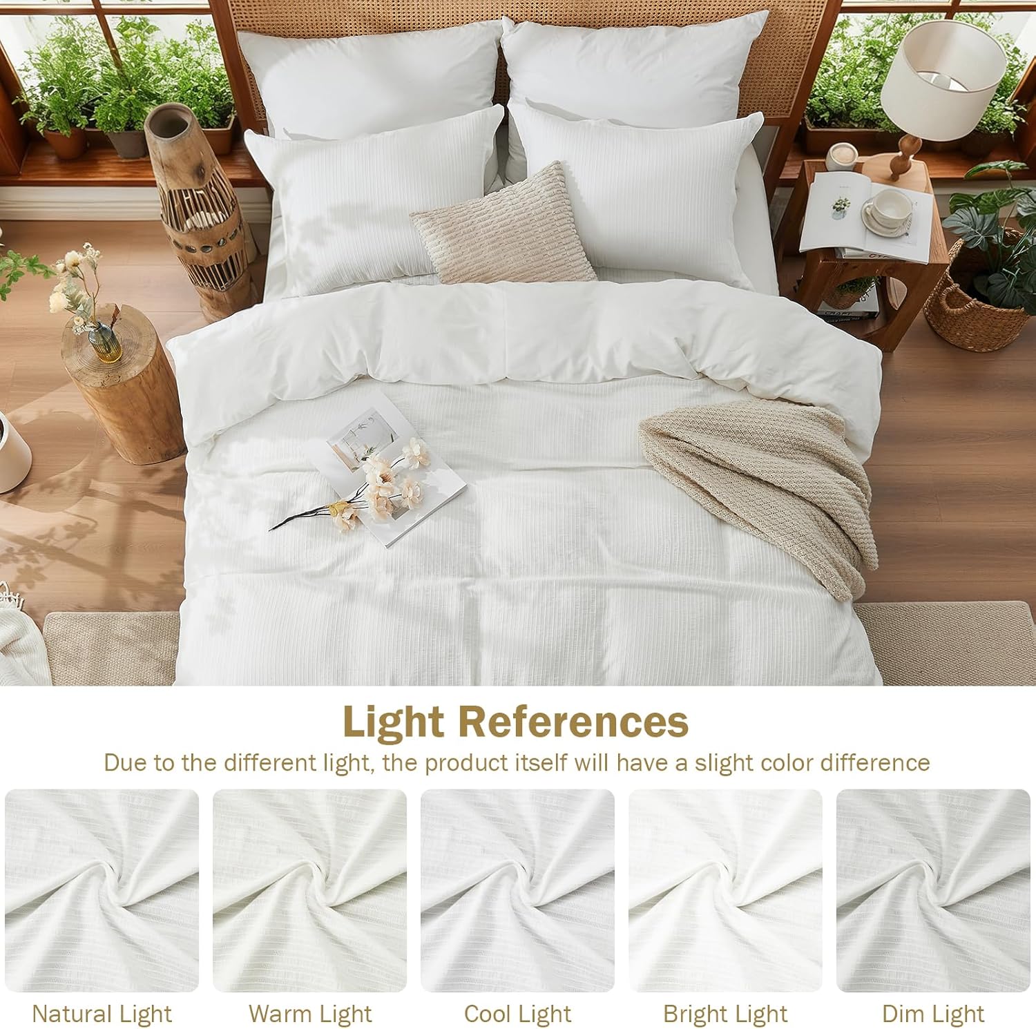 Ivellow 100% Washed Cotton Duvet Cover Queen – Soft Breathable Lightweight Bedding Set, Textured Striped Jacquard, 3-Piece Comforter Cover with Zipper & 8 Ties, White