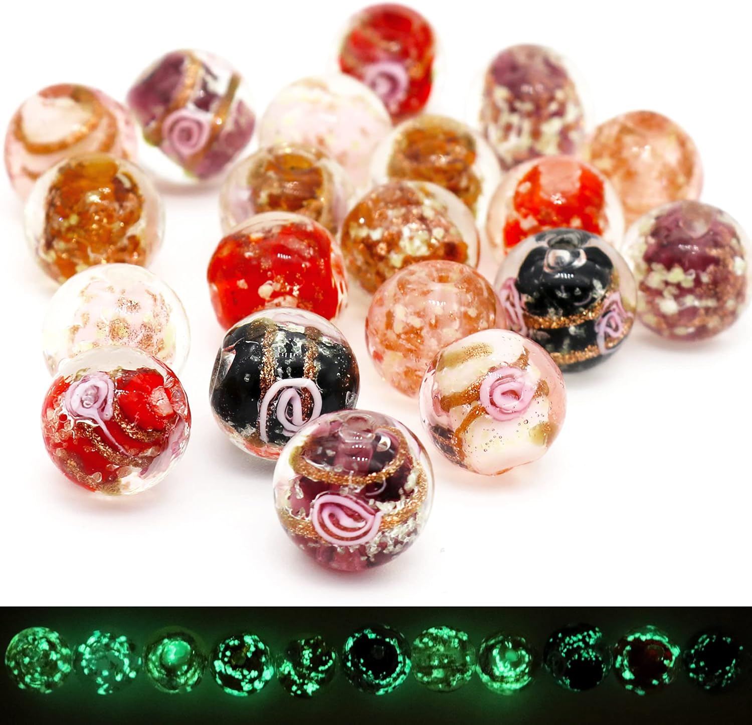 Artsy Crafts 20 Pcs Assorted Glow in The Dark Firefly Beads 12mm European Lampwork Luminous Glass Beads for Jewelry Making Charm Bracelet Necklace Earrings Crafts (Red Series 20pcs) - Image 2