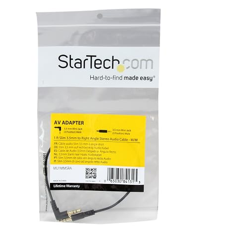StarTech 1ft Slim 3.5mm Audio Cable, Right Angle, Male to Male (MU1MMSRA)