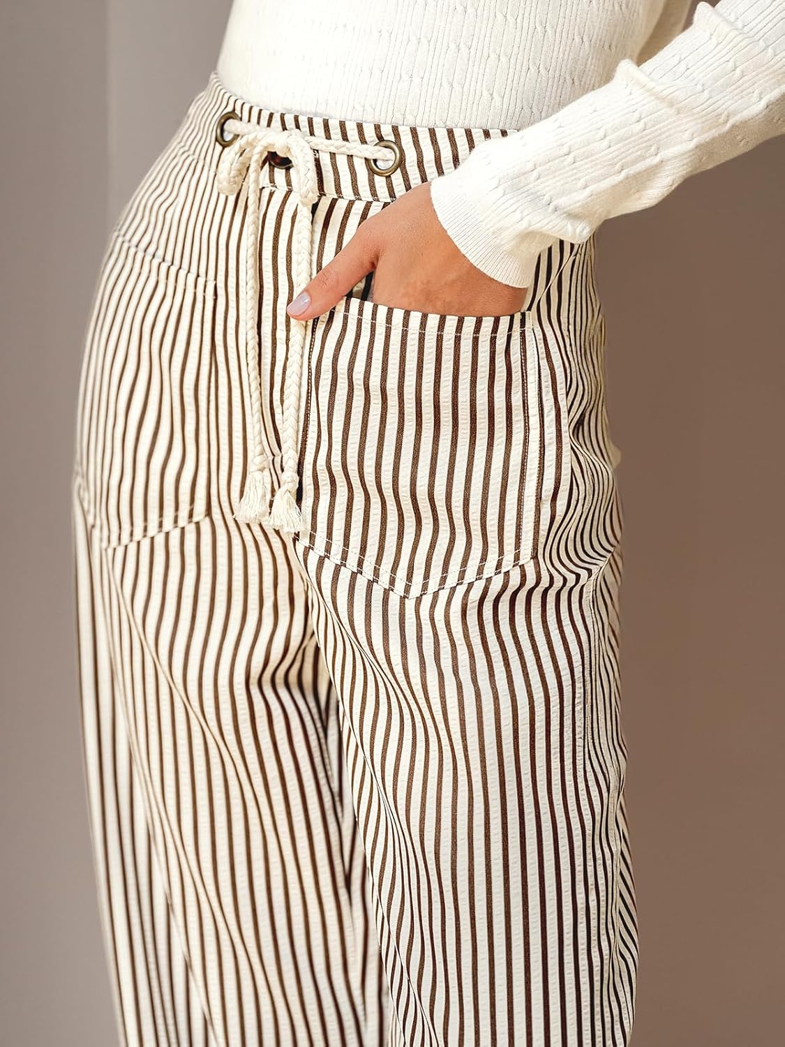 CUPSHE Womens Striped Trousers Wide Leg Pinstripe Beach Pants Cute Casual Lounge Pajama Palazzo Pant with Pockets - Image 4