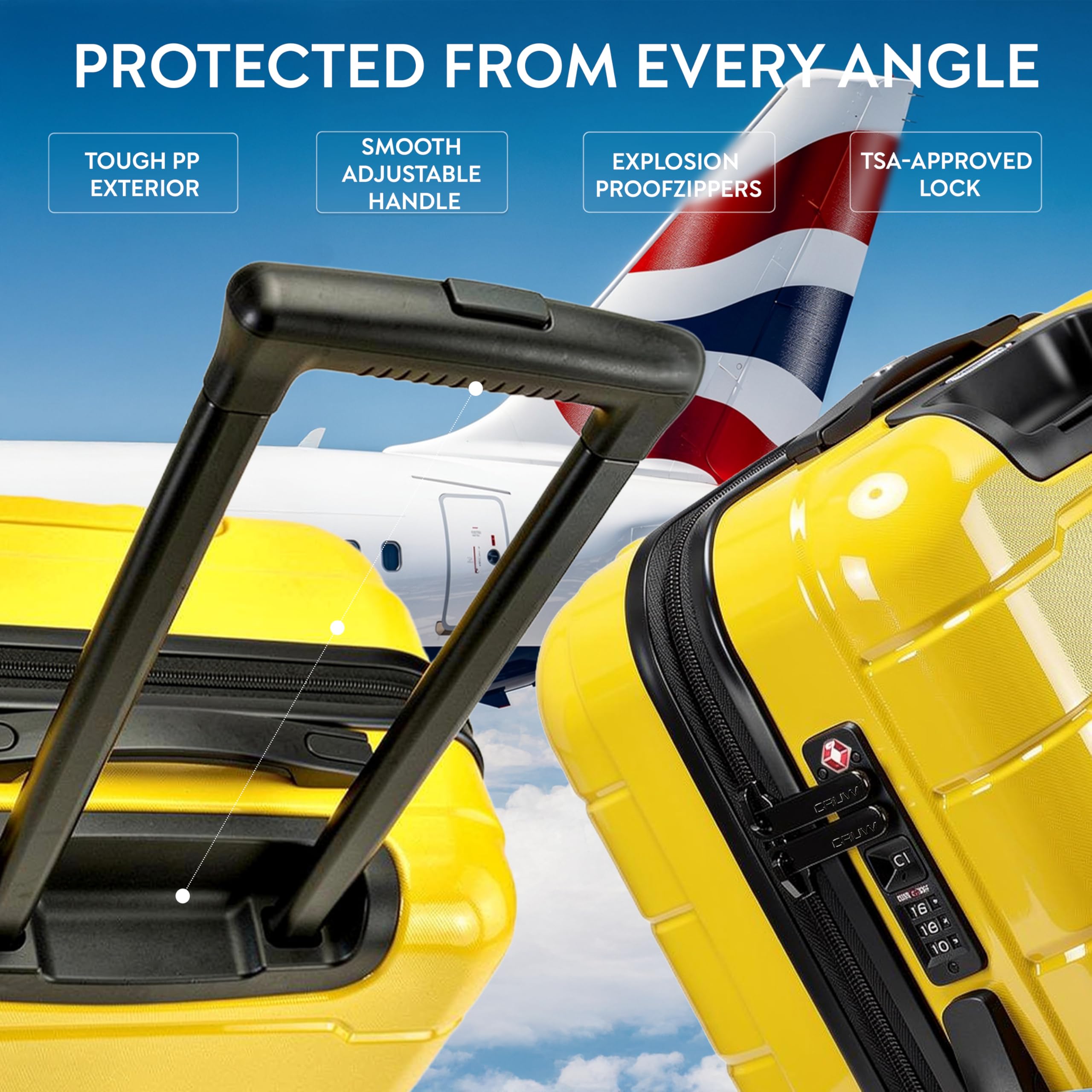 CRUW 5-Piece Luggage Set Expandable Polypropylene Suitcase Set TSA Locks 8 Silent Spinner Wheels Lightweight Nested Suitcases Travel Set easyJet British Airways Jet2 Airline-Approved Carry-On Yellow