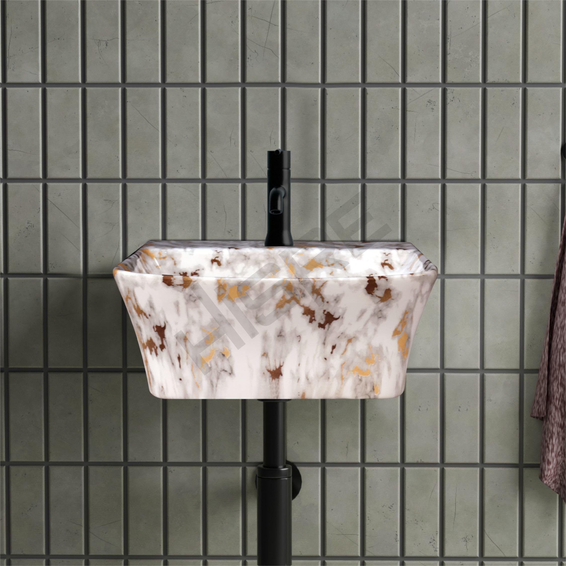 HISRE Wall Mount Wash Basin 13"x13"x5" | White with Grey Golden Marble Finish Ceramic Sink | Modern Rectangular Bathroom Basin for Home, Office & Hotels, photo 3 of 5