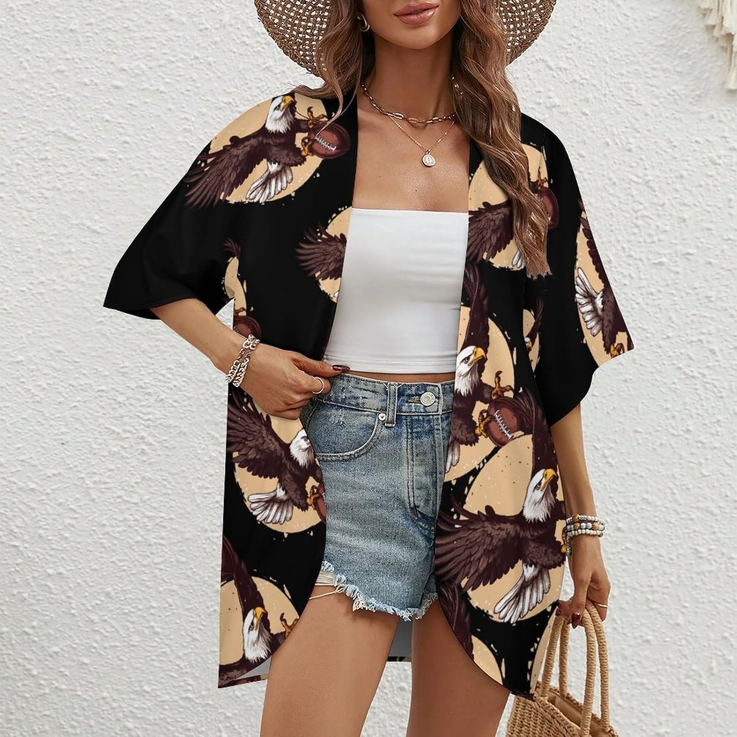Ea-gles on Football Ball Women's Open Front Cardigan Short Sleeves Jacket Lightweight Sweaters Tops