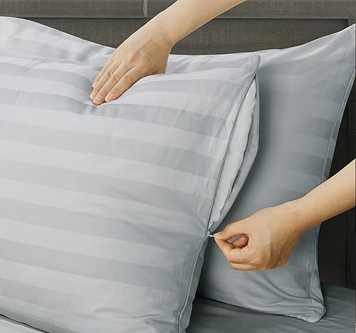 Miniatura 3 de Juego de 2 fundas de almohada tamaño Queen 100 % algodón egipcio, fundas de almohada de tejido satinado de 400 hilos con cremallera oculta,