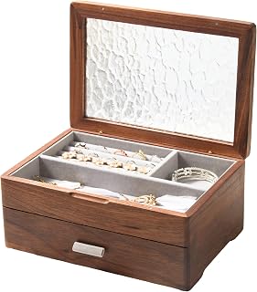 EURIELK Wooden Jewelry Box, 2-Layer Organizer with Drawer, ek06-b-walnut | Large Size Natural Solid Walnut Wood Vintage Trinket Case with Earring Storage, Ring Compartment, Necklace Hooks, Glass Lid