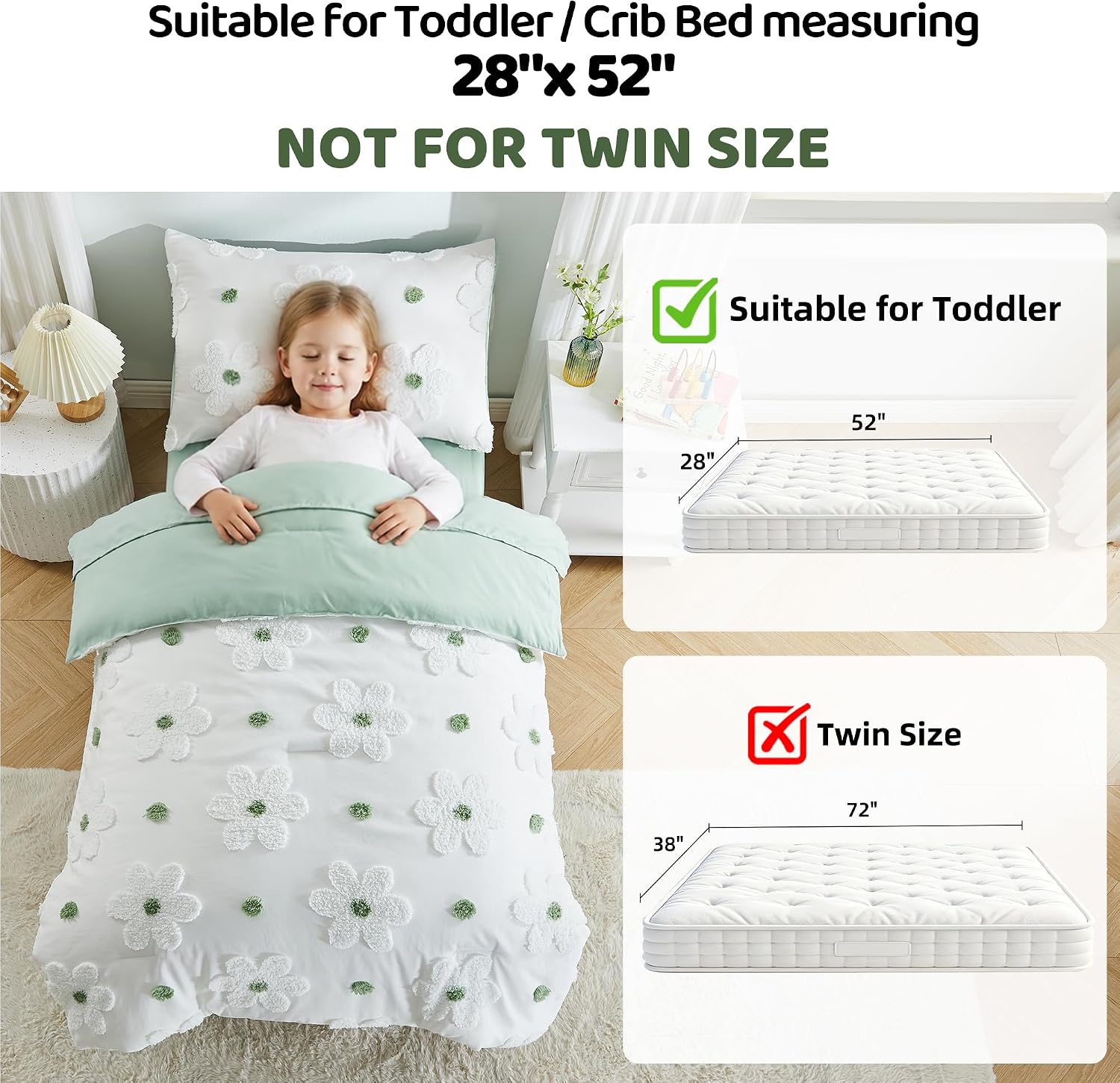 Toddler Bedding Set for Girls 4-Piece Sage Green Boho Tufted Daisy Flowers Toddler Comforter Set Bed-in-a-Bag Toddler Sheets Bedroom Set with Toddler Comforter, Flat Sheet, Fitted Sheet, Pillowcase