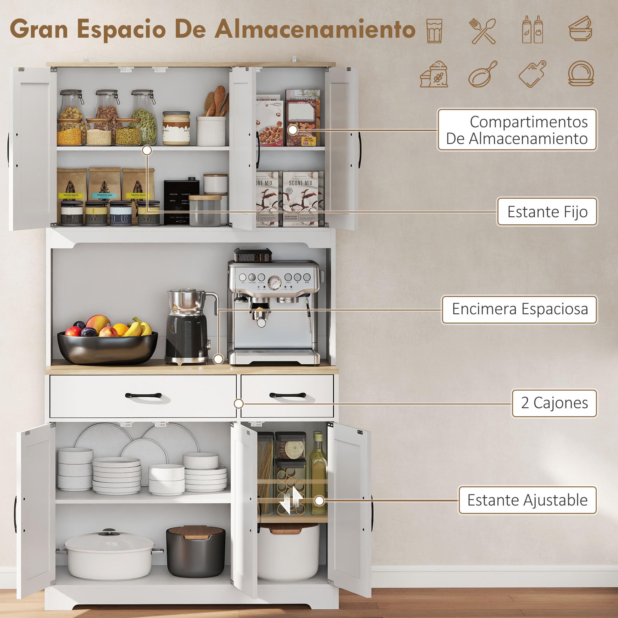 HOMCOM Alacena de Cocina Alta, Mueble Auxiliar de Cocina, con 6 Puertas, Encimera Abierta para Microondas, 2 Cajones, Estantes Ajustables, Orificio para Cable, 94x39,5x175,2 cm, Blanco