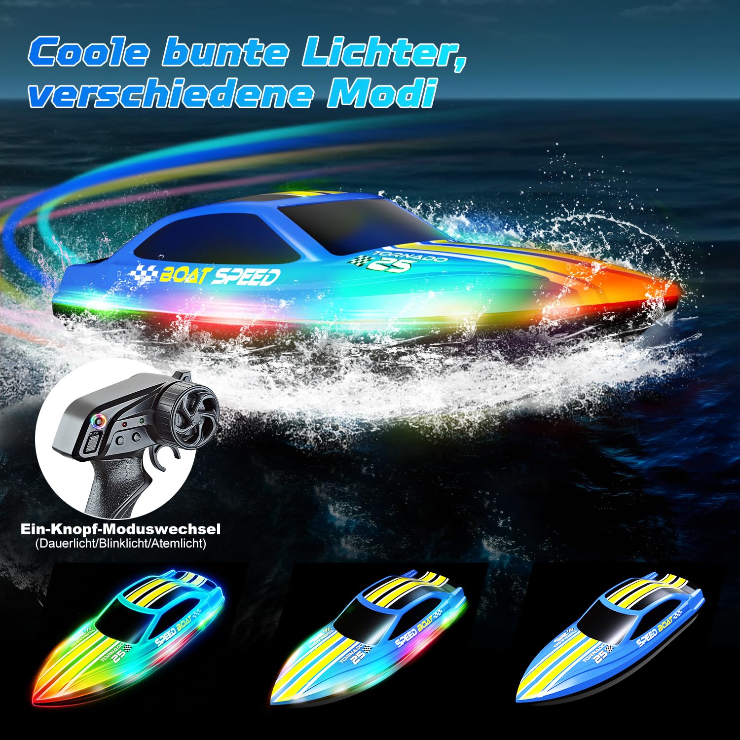 Ferngesteuertes Boot 2,4 GHz RC Boot Kinder 7 LED-Lichtmodi Speedboot 2 Batterien Pool Spielzeug