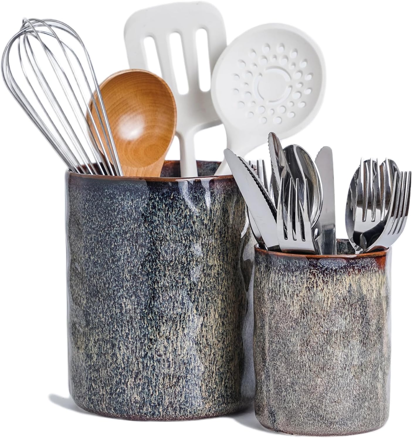 Utensil Holder, 7.25"+5.25" Ceramic Kitchen Utensil Holder for Countertop, Large Cooking Utensil Crocks Gift for Mother's Day, Home Kitchen Decor, Parties,Set of 2, Caramel Brown