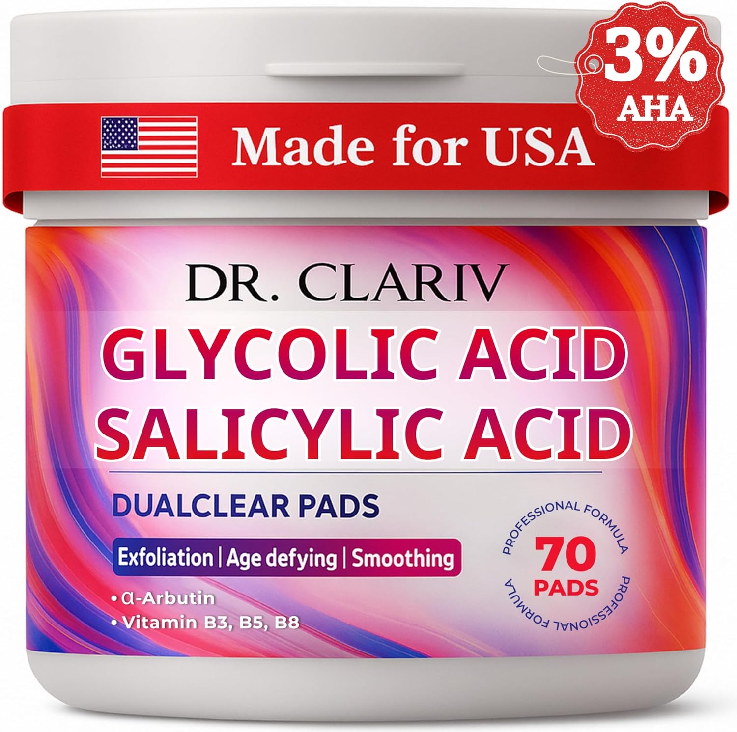Glycolic Acid Pads with AHA BHA – Exfoliating for Face, 3% Glycolic & 0.5% Salicylic Acid, 7 cm Size, Supports Smooth Texture & Clear-Looking Pores, 70 Count