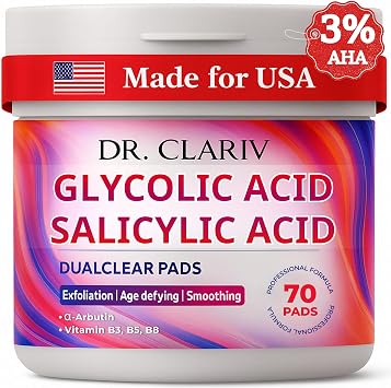Exfoliating Pads with Glycolic Acid 3% and Salicylic Acid 0.5%, AHA BHA Daily Peel Pads with Vitamin B3 B5 B8, Unscented, Large Size 7 Cm, 70 Count Unscented