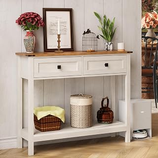 TrironsunHome Farmhouse Console Table with 2 Drawers & Open Shelf - Rustic Entryway Sofa Table for Hallway Bedroom Living Room