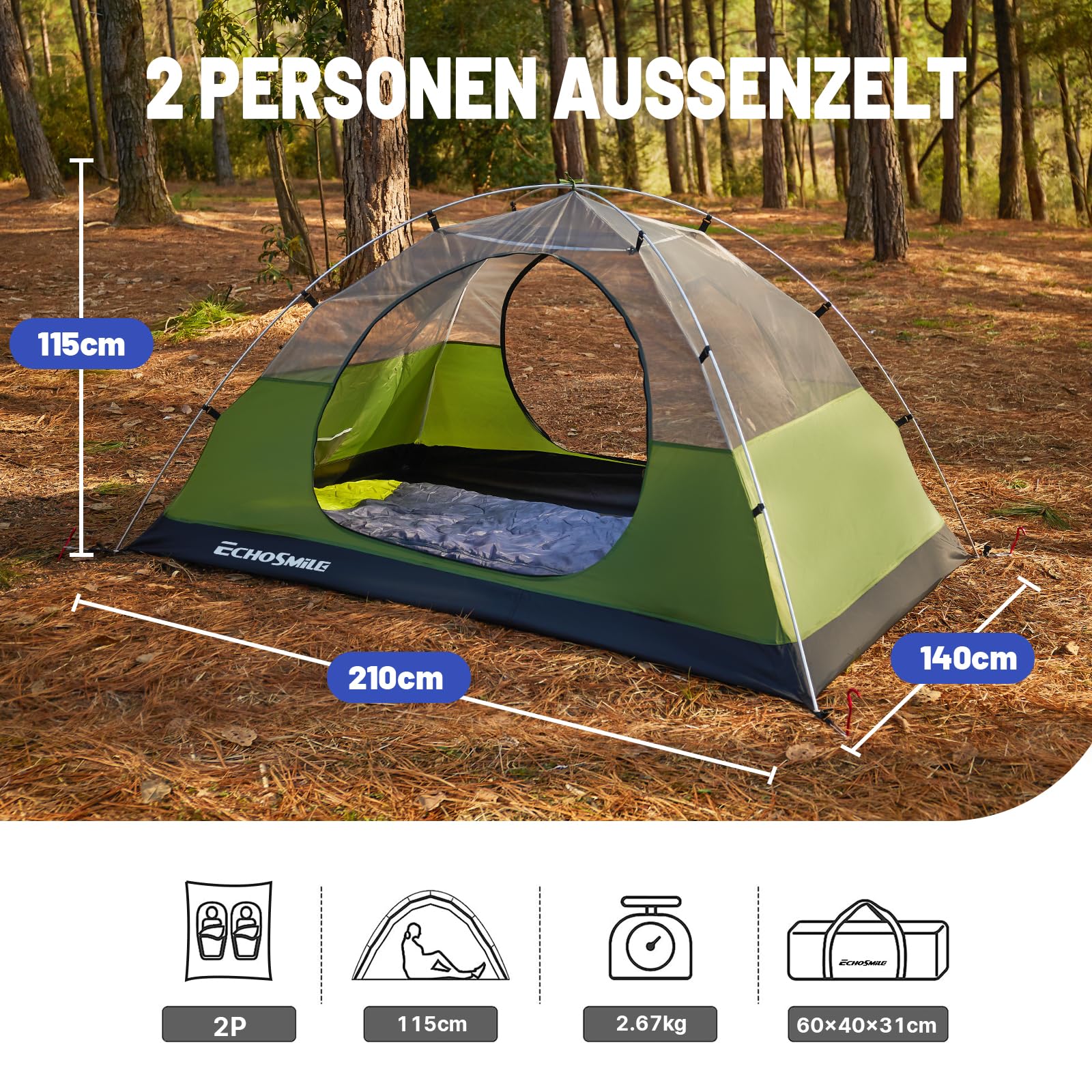 EchoSmile Zelt 2 Personen Wasserdichtes Kuppelzelt, Ultraleicht & Stabil Camping Tent, 3-4 Saison, Double-Layer Zelte mit Mesh-Türen, Tent für Trekking, Festival, Outdoor, Grün