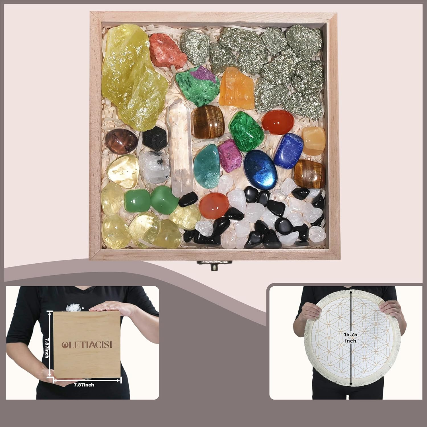 38 Pcs Crystals and Healing Stones. 65 oz Healing Crystal Set for Meditation, Crystal Collection, Decor. Oletiacisi Crystal Abundance Set. Sacred Geometric mat Help Setup a Crystal Grid