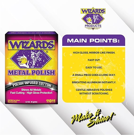 Wizards Metal Polish Infused Cotton: Shines All Metals with High Gloss Formula - Car Cleaning Wipes for Aluminum, Tarnished Chrome, Stainless, etc - Auto Cleaning & Detailing Kit - 473ml
