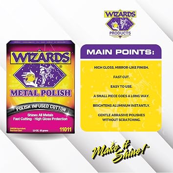 Wizards Metal Polish Infused Cotton: Shines All Metals with High Gloss Formula - Car Cleaning Wipes for Aluminum, Tarnished Chrome, Stainless, etc - Auto Cleaning & Detailing Kit - 473ml