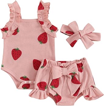 Infant Baby Girl Summer Outfit Strawberry Bow Ruffle Sleeveless Bubble Romper Shorts Set Waffle Newborn Clothes