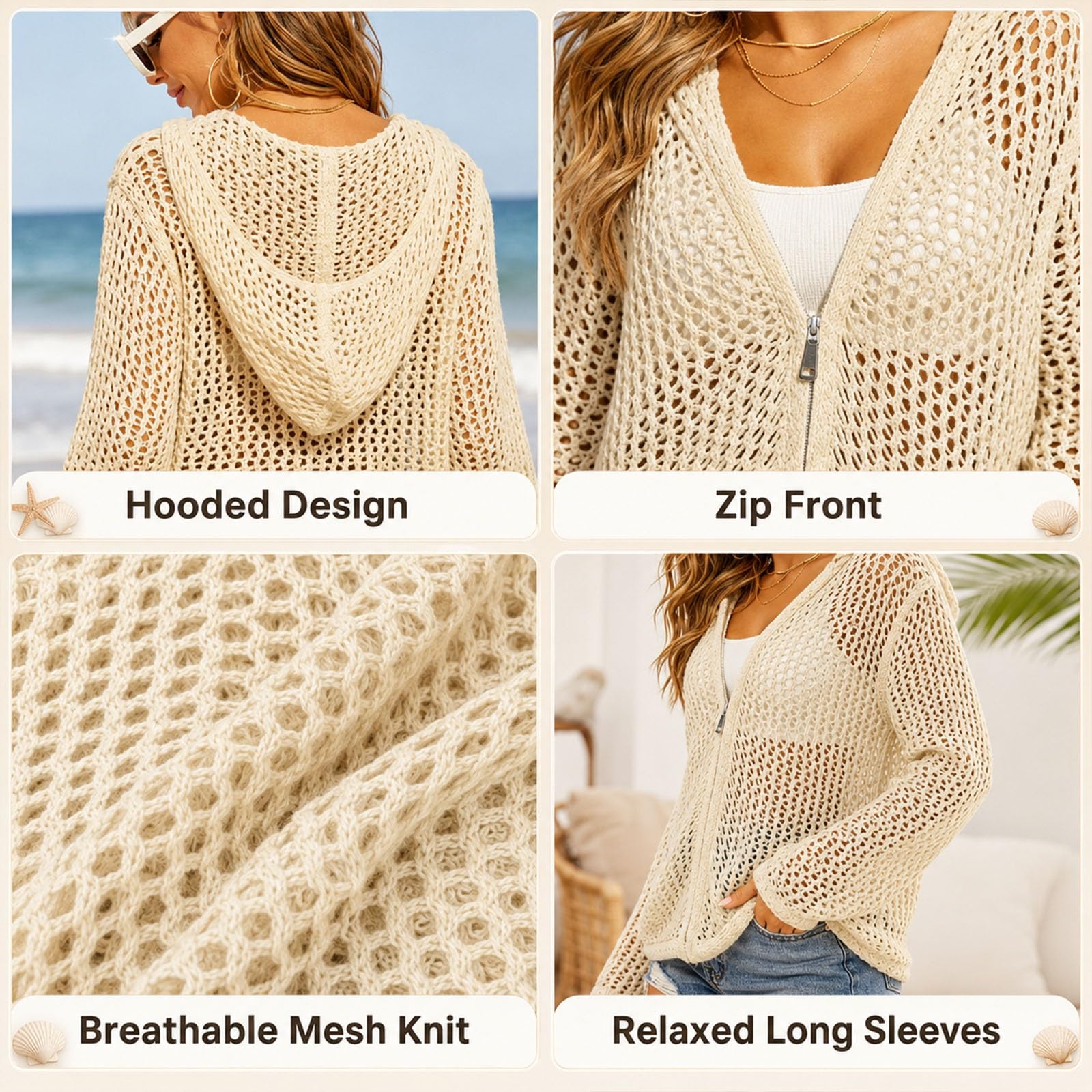 Cardigan Uncinetto Donna Con Cappuccio E Zip, Copricostume Mare Leggero | Resistente e di facile manutenzione | Stile da spiaggia multistrato | Modello a maniche lunghe
