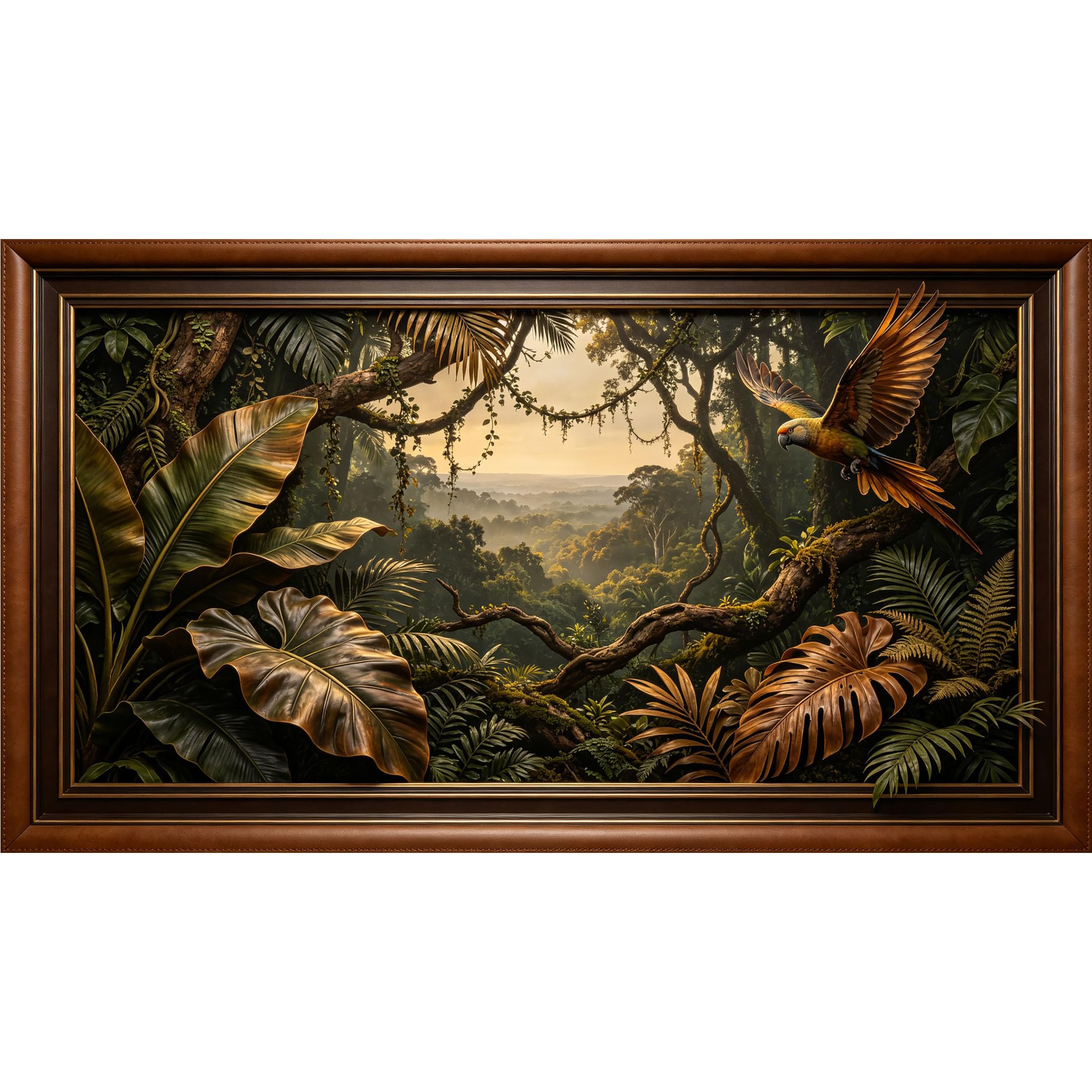QZLITHOTIC 50x90cm3D Framed Wall Art， Tropical Jungle Parrot Landscape Self‑Adhesive Mural， Water‑Activated Peel & Stick Fabric Decor Wall Decal for Bedroom Living Room