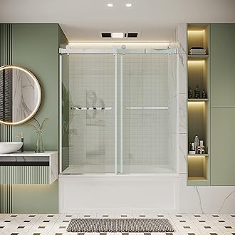Frameless Bathtub Shower Door, 56"-61" W x 60 "H, Width Adjustable, SGCC Certified 3/8" (10 mm) Clear Tempered Glass, Dual Sliding Shower Door, Stainless Steel Chrome Finish DS01