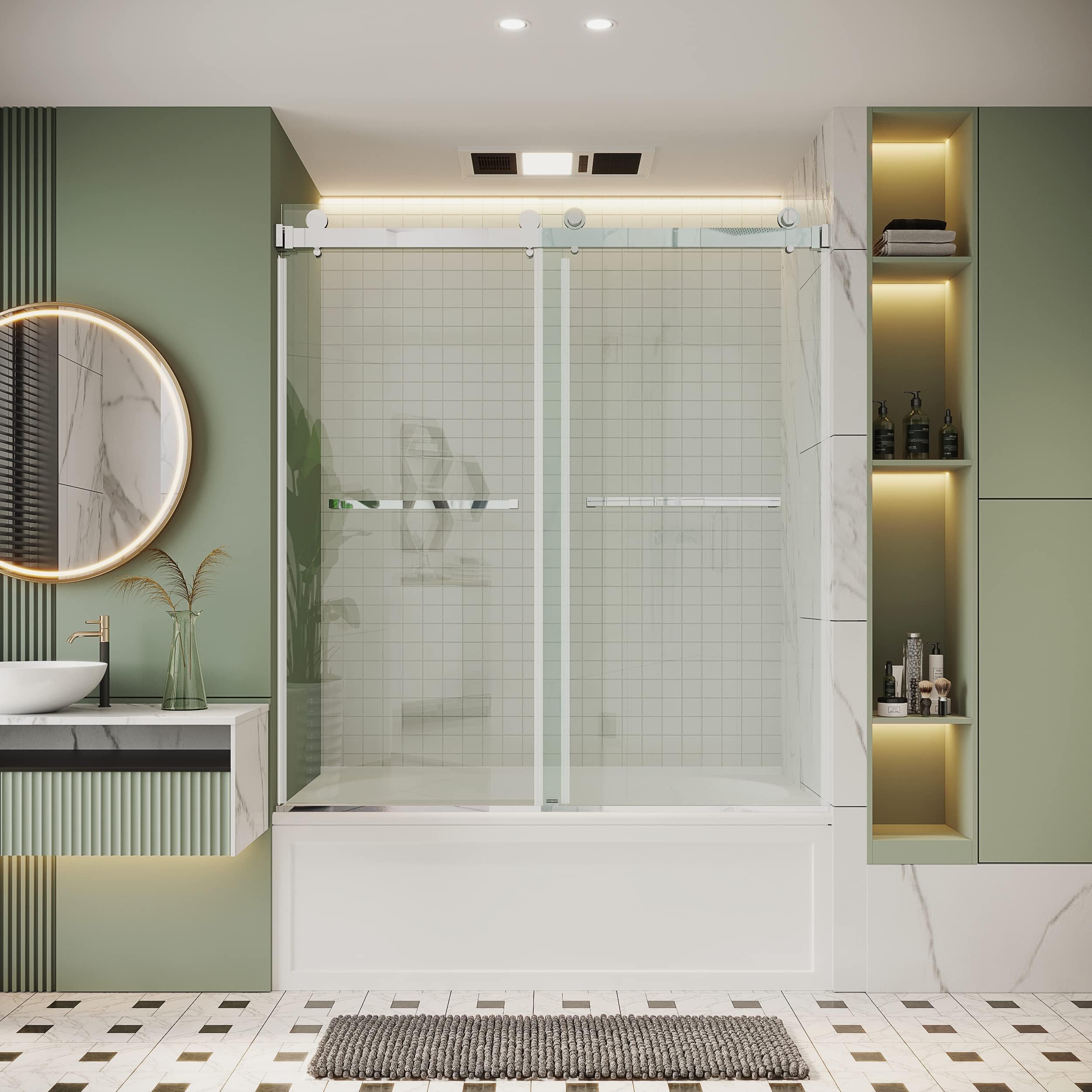 Frameless Bathtub Shower Door, 56"-61" W x 60 "H, Width Adjustable, SGCC Certified 3/8" (10 mm) Clear Tempered Glass, Dual Sliding Shower Door, Stainless Steel Chrome Finish DS01