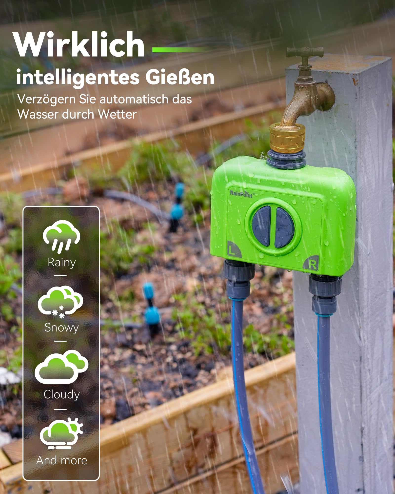 RAINPOINT Programador Riego WiFi 2 Salidas, Puerta Enlace Ethernet y Entrada de Latón, Riego Automatico para Jardín Via App/Voz Control, Riego Basado Clima, Retraso por Lluvia/Manual, 2x6 Horarios