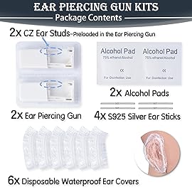 Ear Piercing Kit, Anzero 2 Pcs Disposable Ear Piercing Gun with Preloaded Ear Stud, at Home Self Ear Piercing Gun Kit - 2MM Earrings Stud