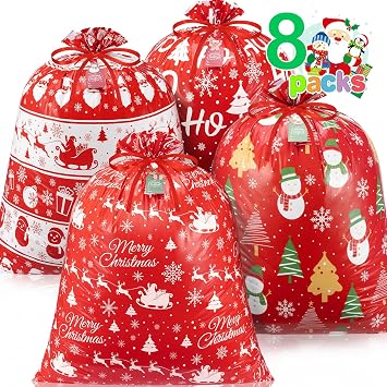 Extra Large Christmas Gift Bags, 8 PCS Jumbo Gift Bags 36 x 44 Oversized Giant Xmas Bags with Tags & Ties Holiday Gift Bags Christmas Decoration Huge Santa Wrapping Bag for Big Gifts, Goodie, Party