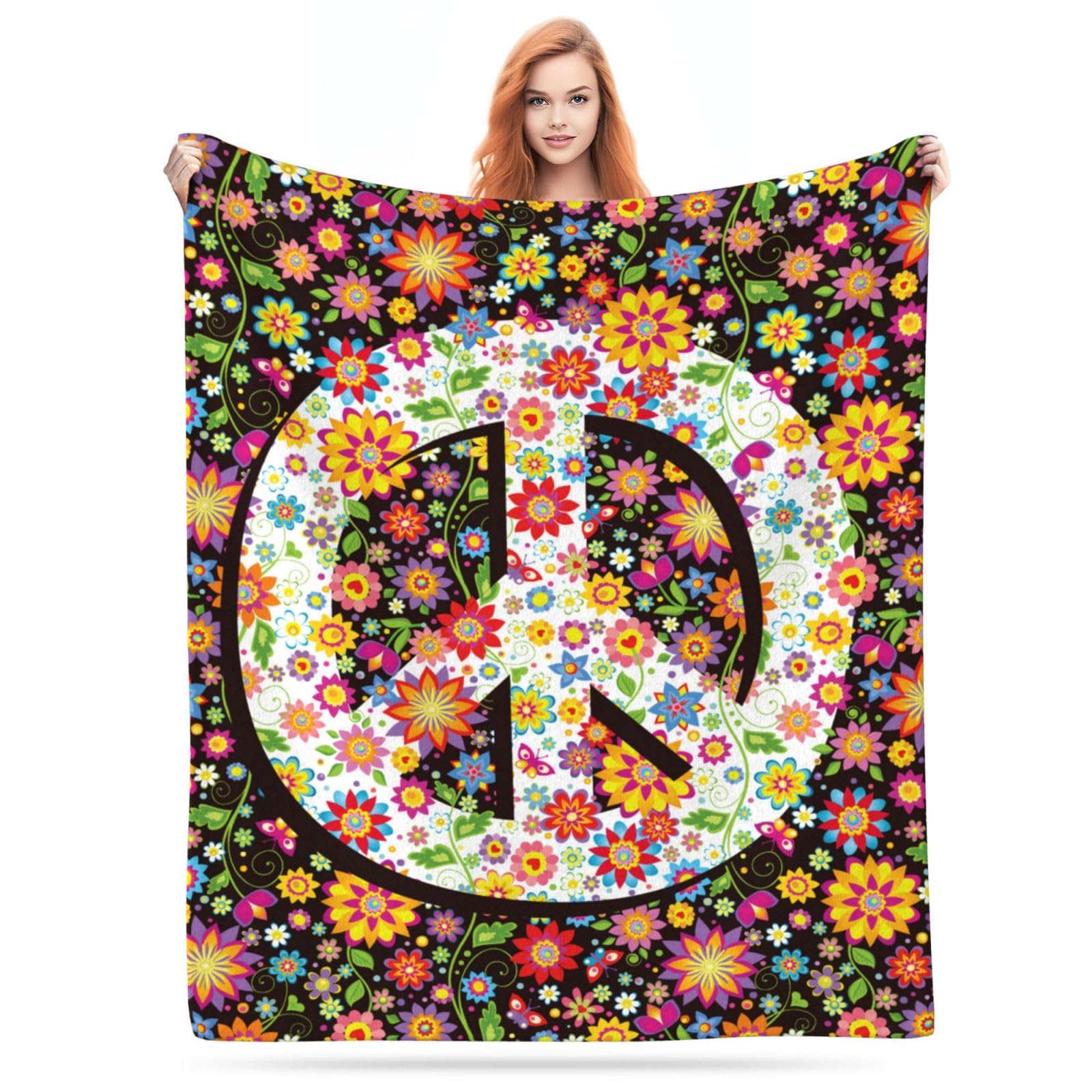 Hippie Flower Peace Blanket, Soft Blankets Flannel Bed Throw Cozy Lightweight Plush Gifts for Women Men Boys Girls Sofa Couch Bedroom Living Rooms Warm All Season, Home Decor, Small 50"x40"