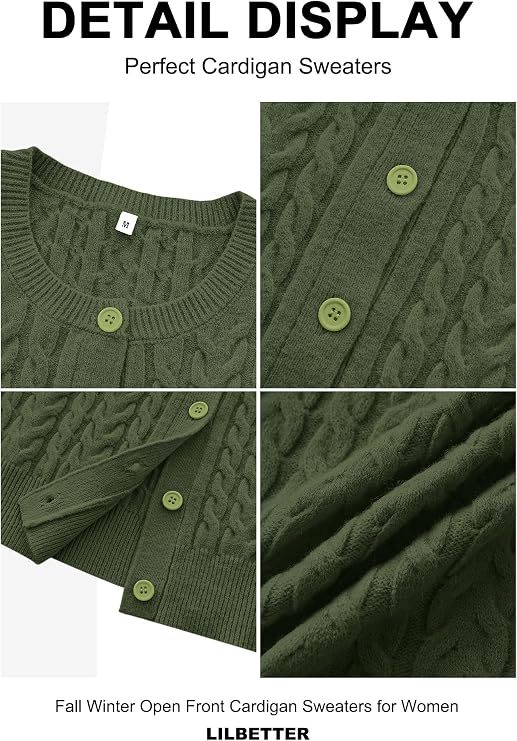 LILBETTER Womens Cable Knit Long Sleeve Crewneck Button Down Open Front Cardigan Sweater for Fall and Winter 2025