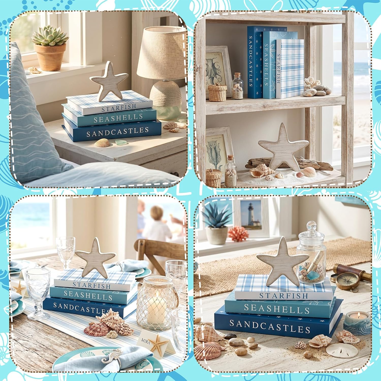 Thyle Summer Fake Decorative Books Set Wooden Starfish Table Signs Beach House Decor Faux Ocean Decoration Books for Farmhouse Coastal Summer Living Room Bedroom Office Bookshelf, 11/9.9/9.1 Inch