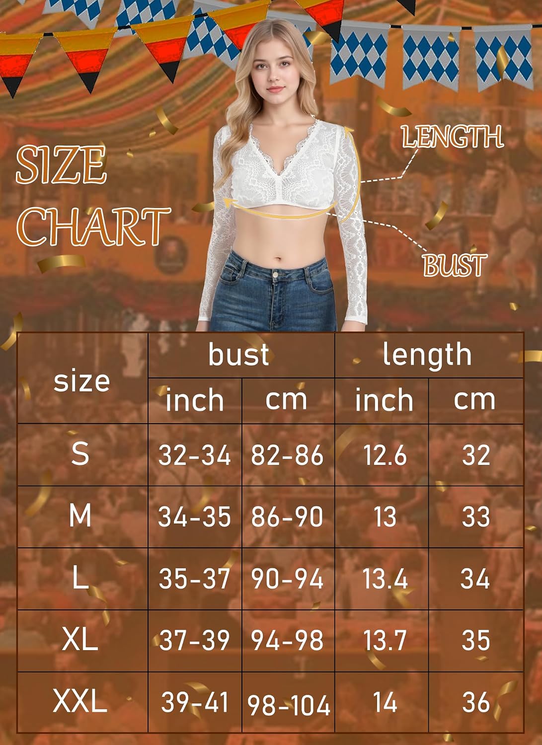 Women German Dirndl Blouse Bavarian Oktoberfest Costume White V-neck Long-Sleeved Crop Tops for Women Beer Festival XX-Large