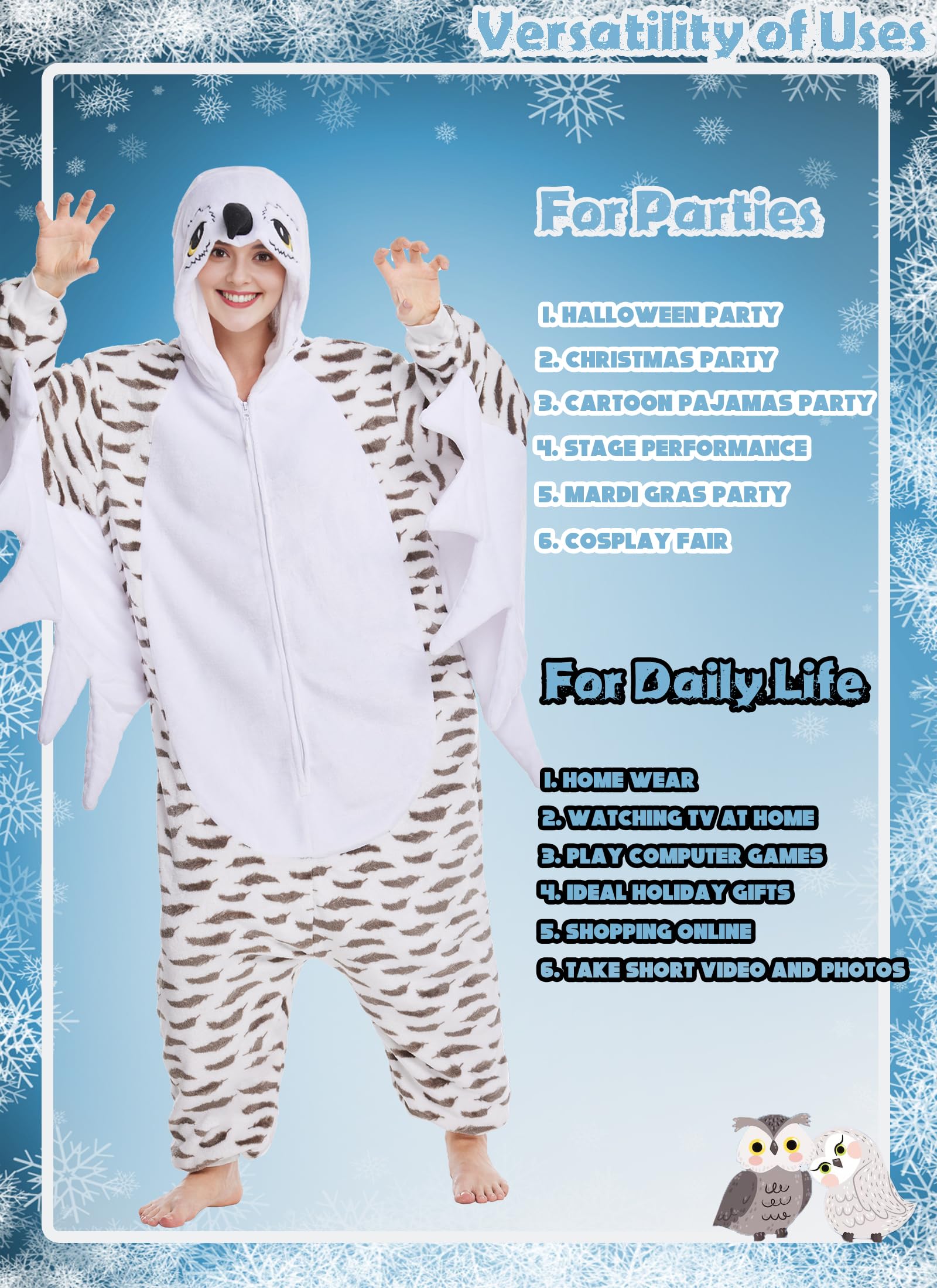 Kidukso Pijama de búho para adultos, diseño de búho, pijamas, Navidad, carnaval, color blanco