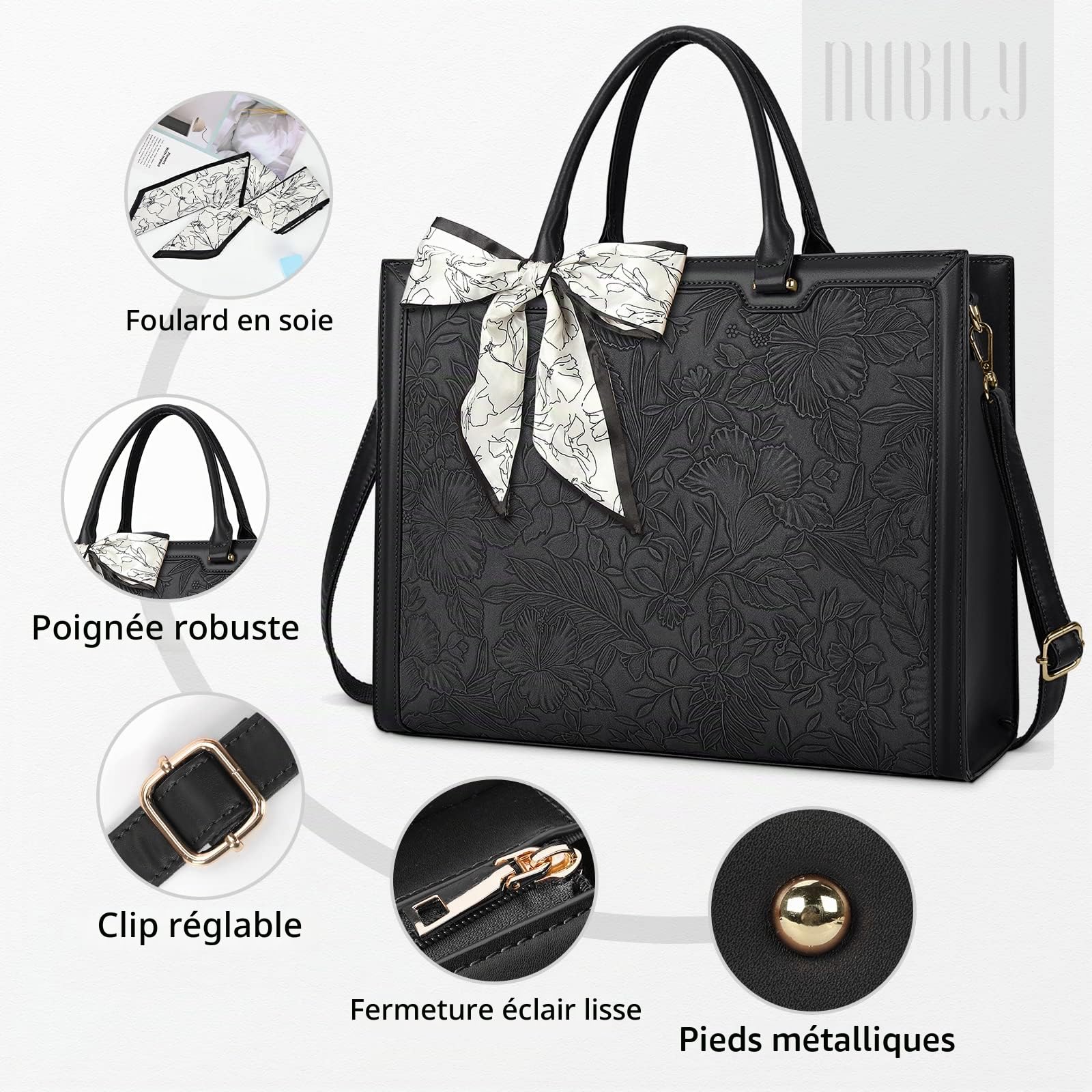 NUBILY Sac Cabas à Main Similicuir Grand Capacité Sac Ordinateur Femme Imperméable Sac de Cours Lycée Sacoche Porté Epaule Bandoulière Sac Rigide Documents A4 Sac Fourre Tout Noir