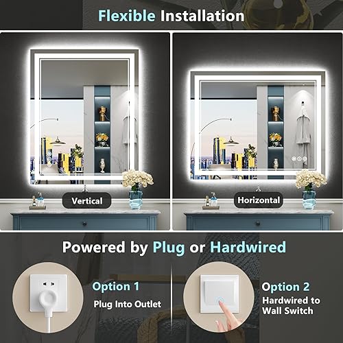 Miniatura 8 de Espejo de baño LED de 40 x 36 pulgadas con luces, retroiluminado + frontal iluminado, espejo de tocador con luz antiniebla para pared de baño,